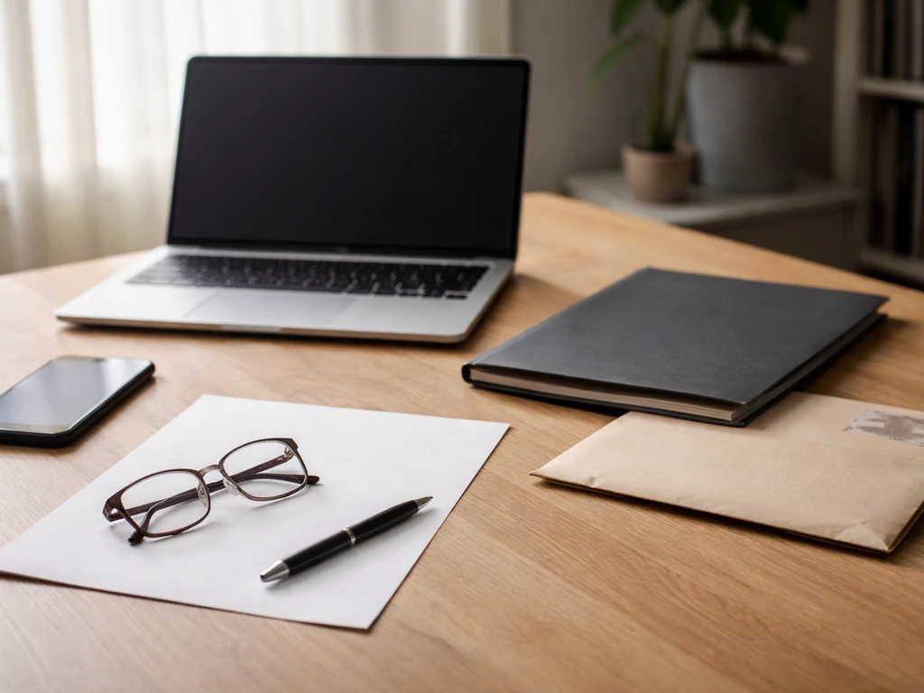 Minimal desk scene with laptop, phone, and unreadable documents symbolizing public-record verification.