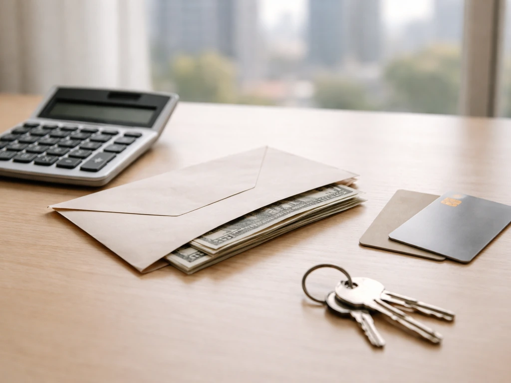 Minimal photo of a desk with a calculator, envelope of cash, bank cards, and a set of keys near a window