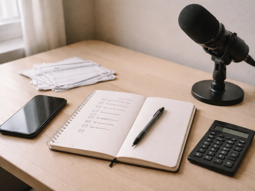 Minimal desk scene with notebook and calculator suggesting bottom-up net worth estimation inputs.