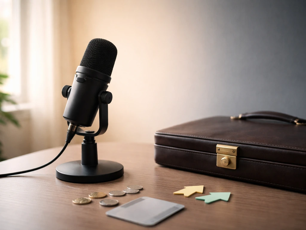 Minimal photo of a microphone and briefcase with a split light showing upward and downward financial mood.