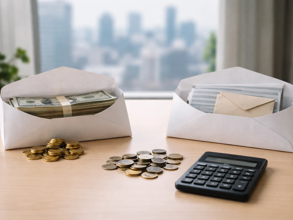 A simple desk scene showing an assets envelope, liability envelope, and a calculator beside coins