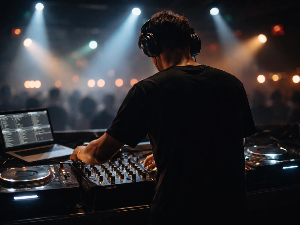DJ performing at a club booth with decks and lights during a live set