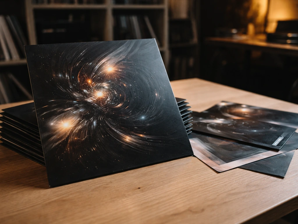 Close-up of black vinyl and record sleeves on a wooden table, evoking a German techno label.