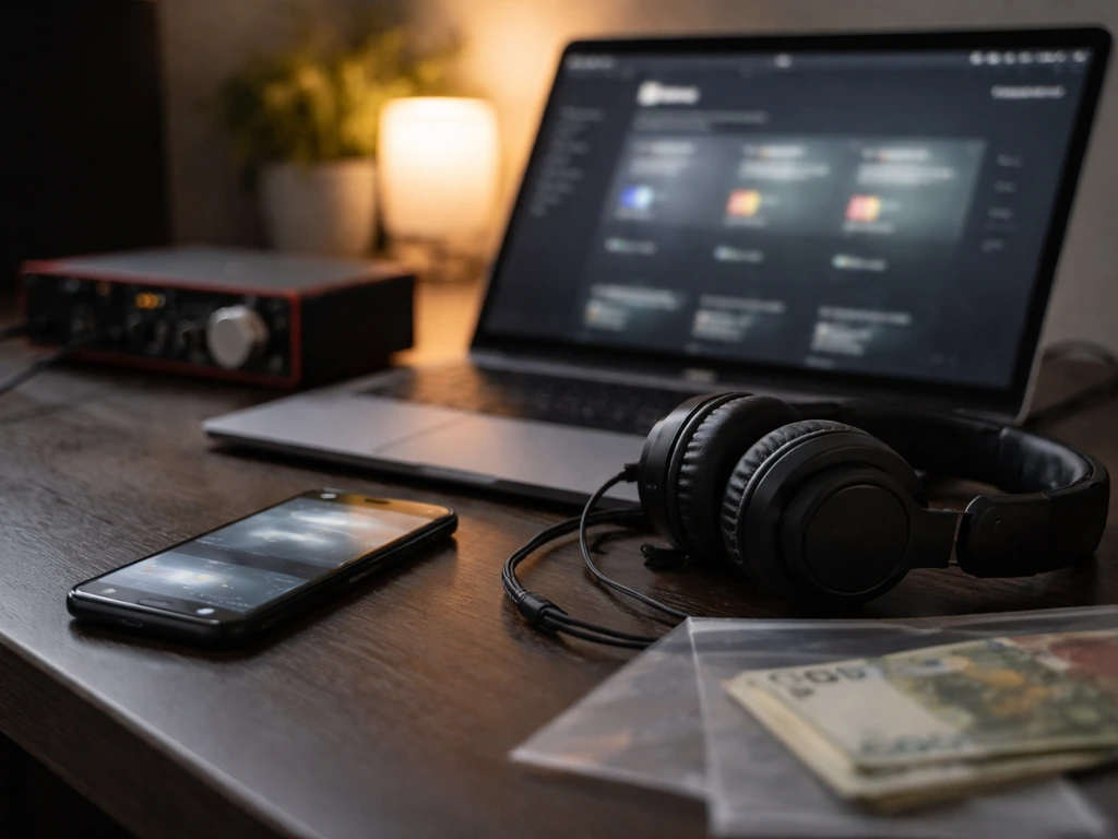 Anonymous studio desk with phone and laptop showing blurred music analytics cues, plus subtle euro cash.