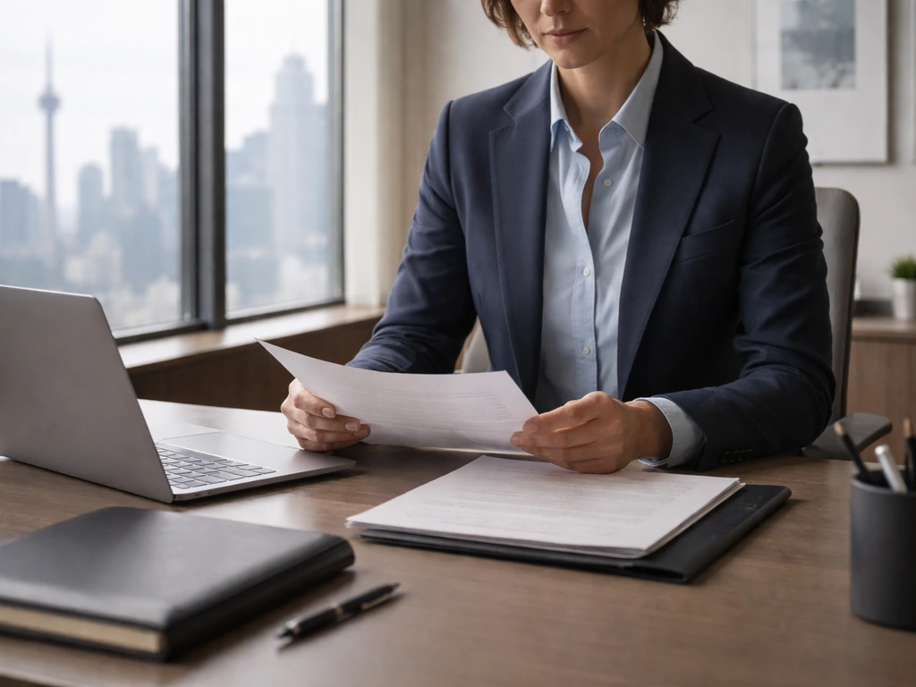 Toronto investment manager in a quiet office with city view, papers and laptop symbolizing special situations investing