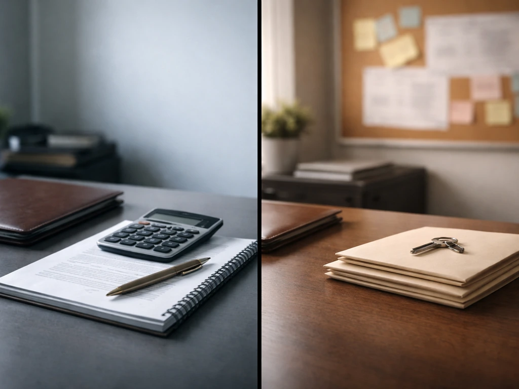 Split-screen of a minimal office desk: finance folder and calculator on one side, sealed envelopes and safe key on the o