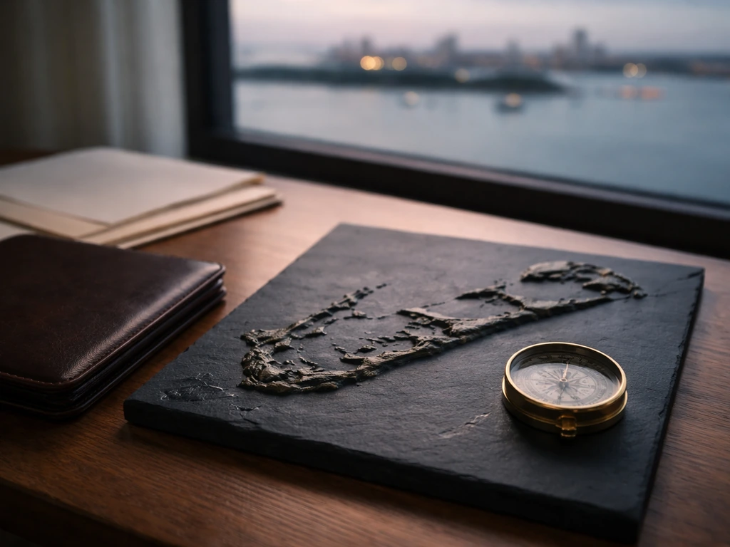 Minimal desk scene with compass and blank documents beside a dark offshore-style map, suggesting offshore relationships.