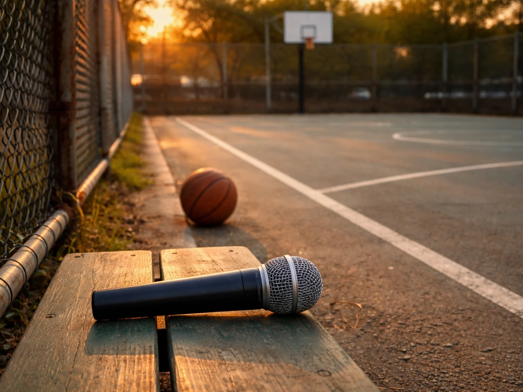 Street basketball court with a basketball and a microphone near the fence, no people visible.