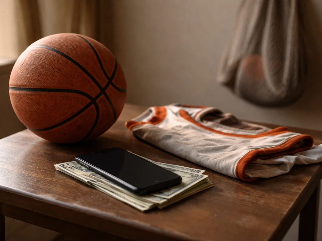 AND1 streetball earnings mood: a basketball, worn tour jersey, and cash near a smartphone in a simple room