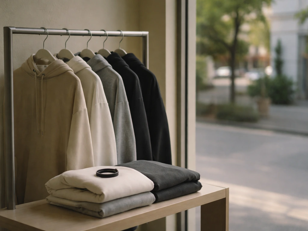 Streetwear merch display with folded hoodies, shirts, and a wristband in a shop window, no people.