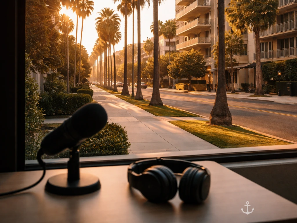 Sunlit Los Angeles street with a quiet studio-like desk, subtle luxury lifestyle cues and a small anchor motif