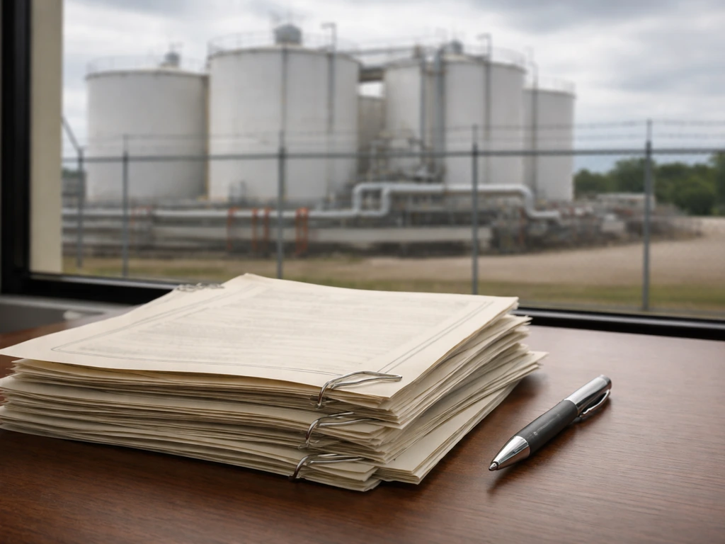 Close-up of property deed papers and an oil bulk plant exterior with tanks in the background