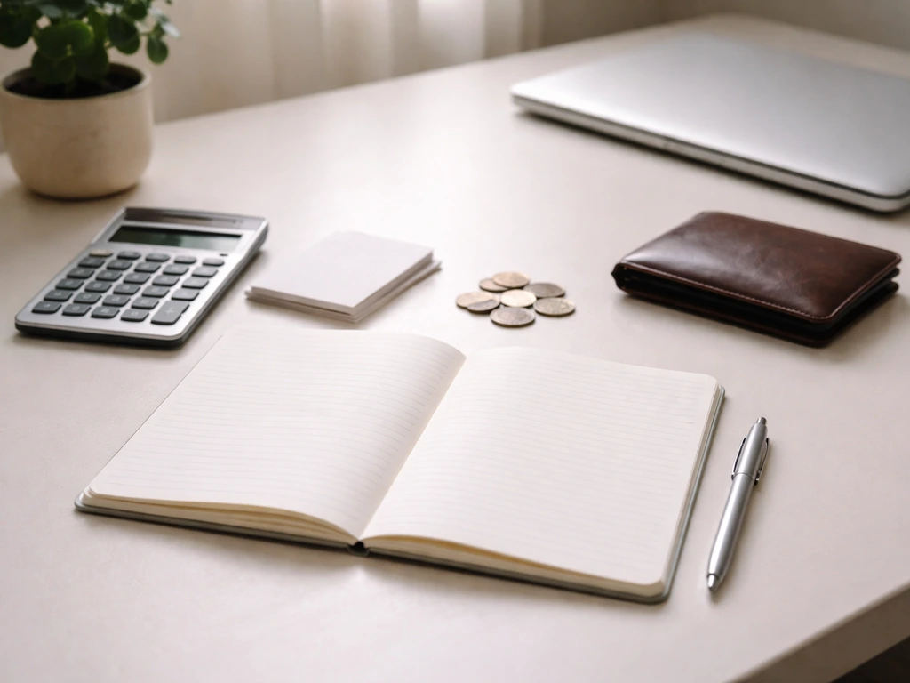 Minimal desk scene with open notebook, calculator, coins, and papers suggesting net-worth estimation methods