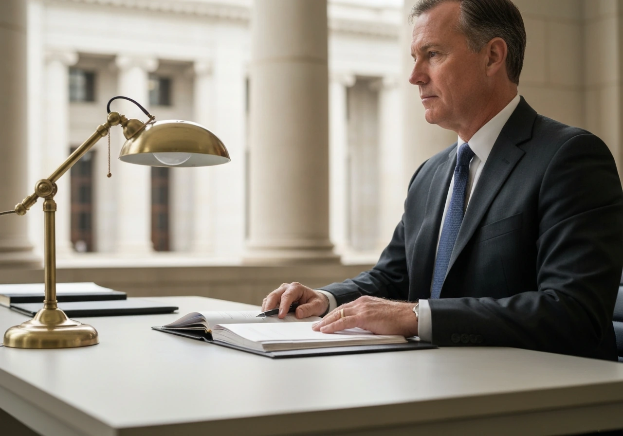 Anonymous lawyer in a quiet office with courthouse-like background, suit and desk lamp in natural light