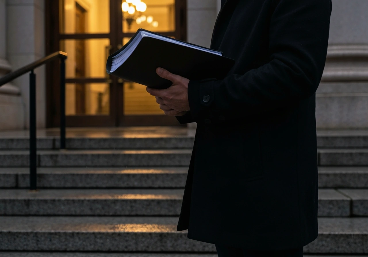 Person holding a legal file outside a courthouse at dusk, suggesting early legal consulting