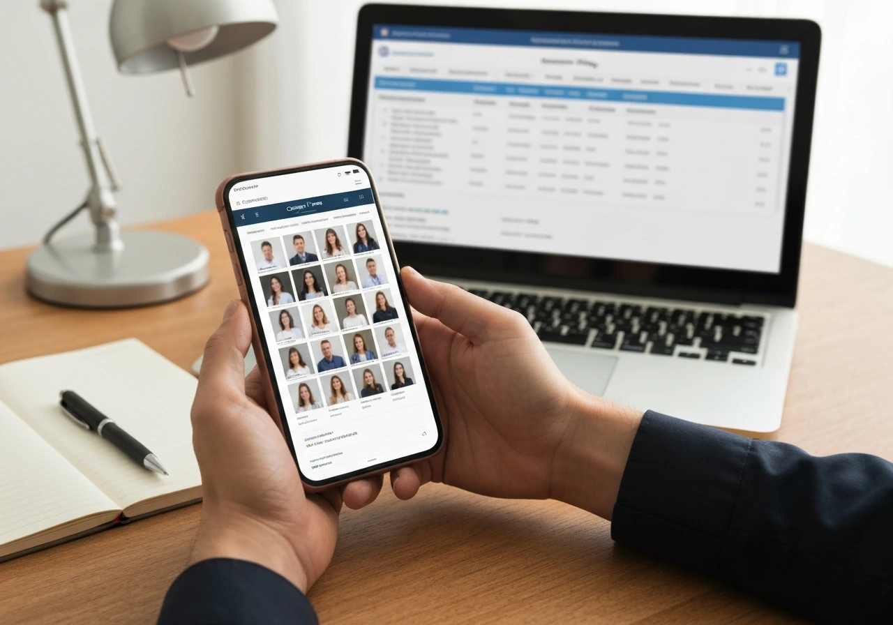 Hands on a desk checking blurred company team and filings pages on a phone and laptop.