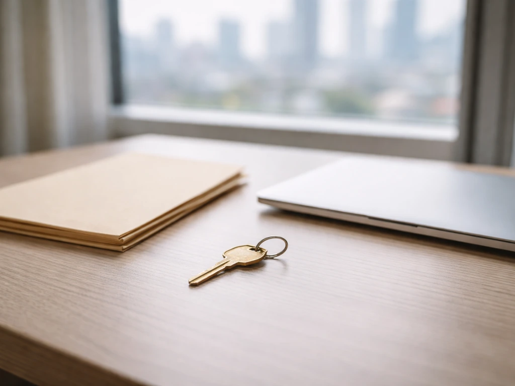 Minimal photo of a real estate broker office desk with keys, file folder, and blurred city skyline outside window