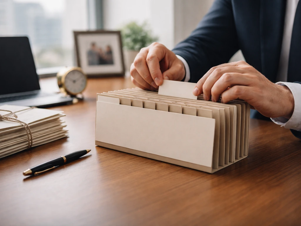 Minimal office desk scene with property documents and a timeline folder symbolizing a real estate career progression.