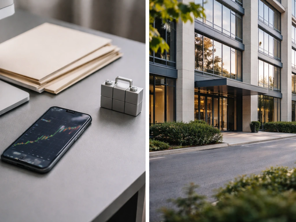 Split photo: finance desk with blurred chart on left, modern office building on right.