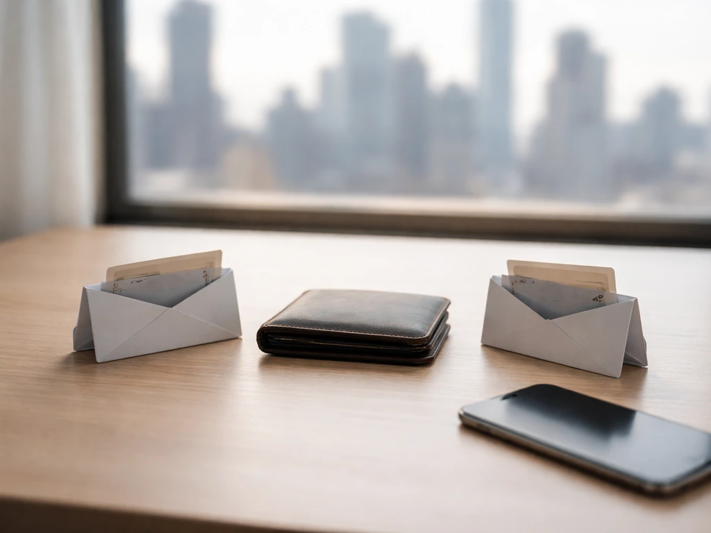 Minimal desk scene with wallet and two envelopes beside a phone, symbolic of competing money estimates.