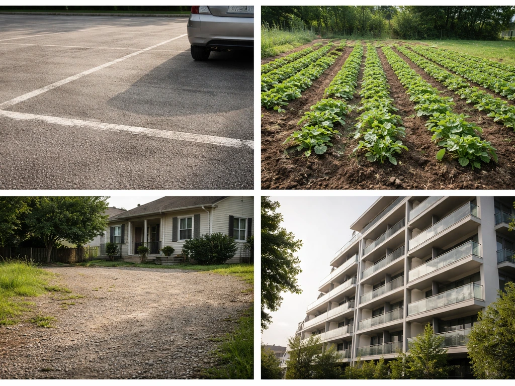 Minimal closeups of parking lot, farmland, residential lot, and a condo unit—symbolic asset categories collage