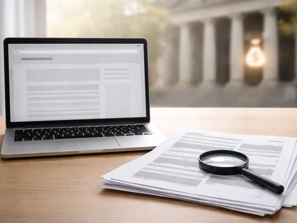 Desk with laptop, documents, and magnifying glass symbolizing how to verify SALN records and court stats