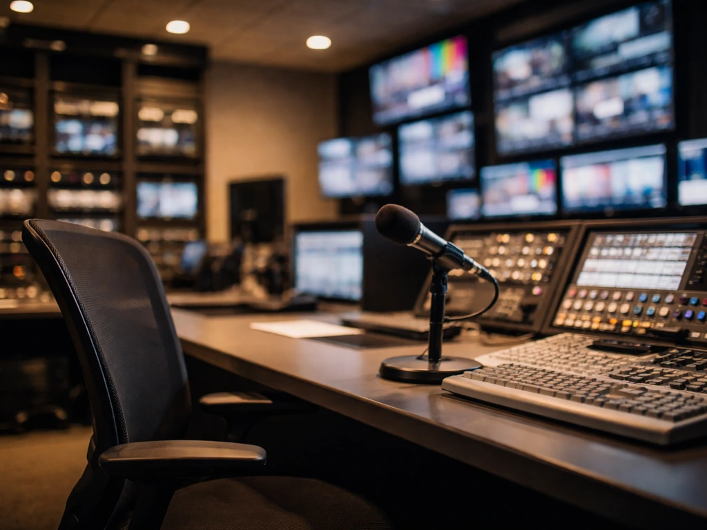 Minimal photo of a TV studio control room with a producer’s workstation and microphones, symbolizing media success.