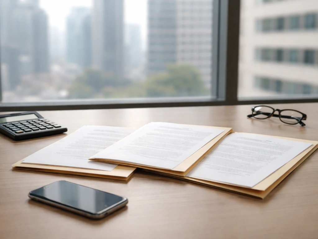 Minimal photo of an office desk with scattered documents, a calculator, and a smartphone beside a city skyline view.