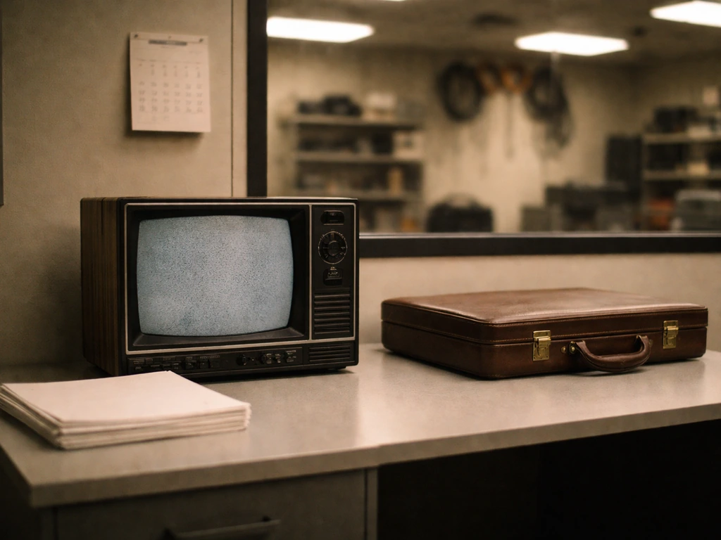 Minimal studio office scene with a vintage TV, papers, and a briefcase symbolizing early media career and a milestone sa