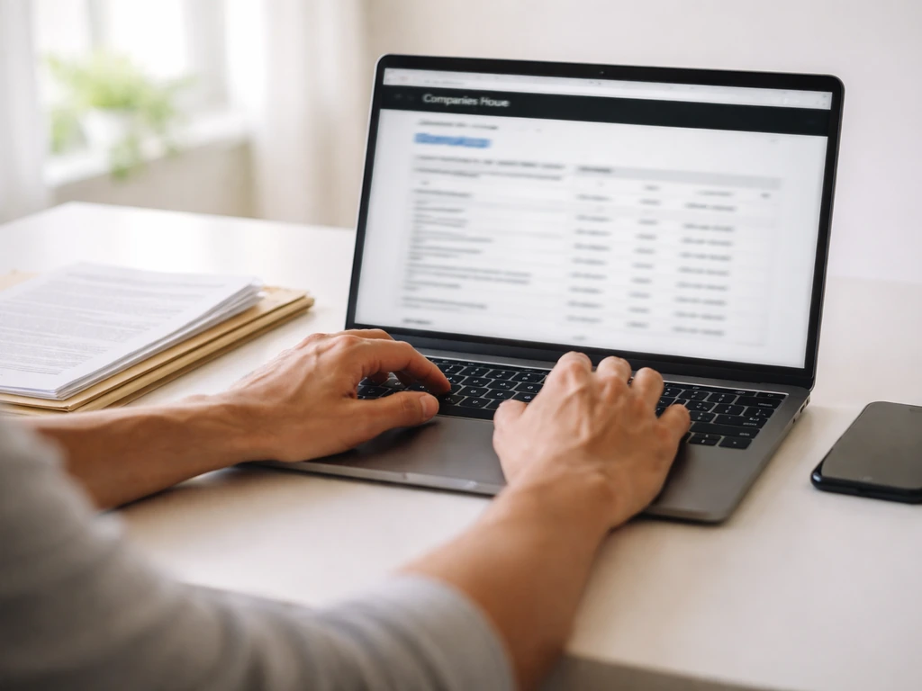 Person at a desk reviewing documents near a laptop, representing checking UK Companies House records