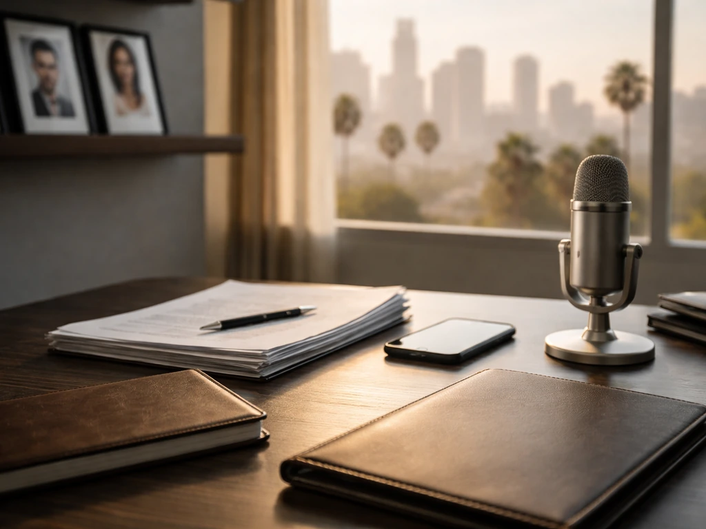 Minimal Hollywood office desk with documents and microphone, symbolizing media and net-worth analysis