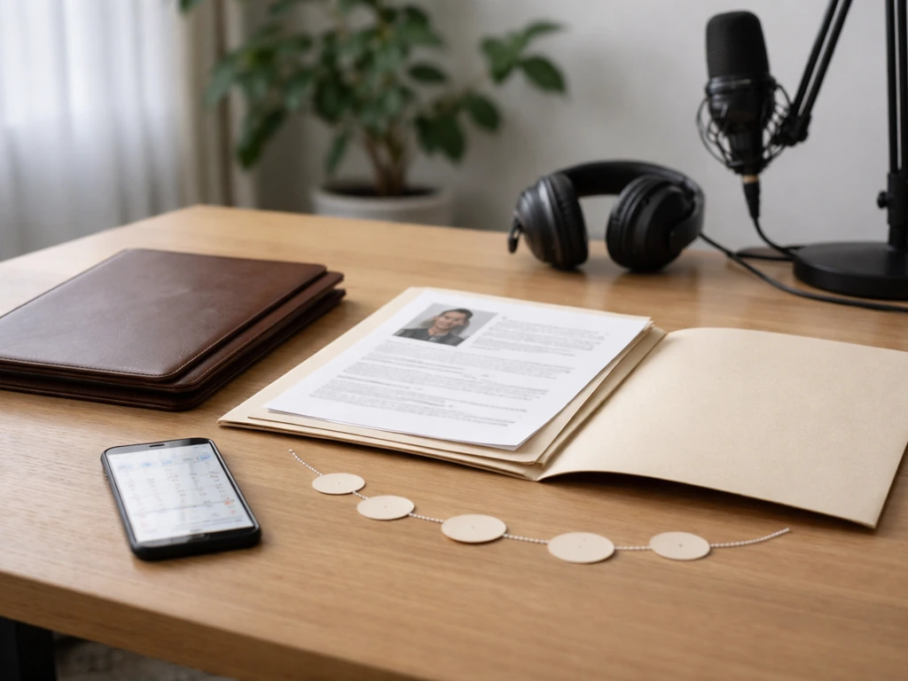 Minimal talent agency office desk with folder, smartphone, and studio mic symbolizing representation and commissions