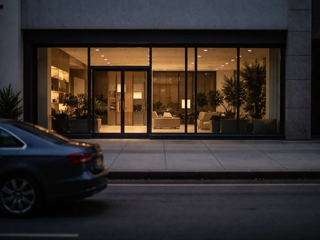 Minimal photo of a modern Hollywood talent agency office exterior at dusk with warm window lights