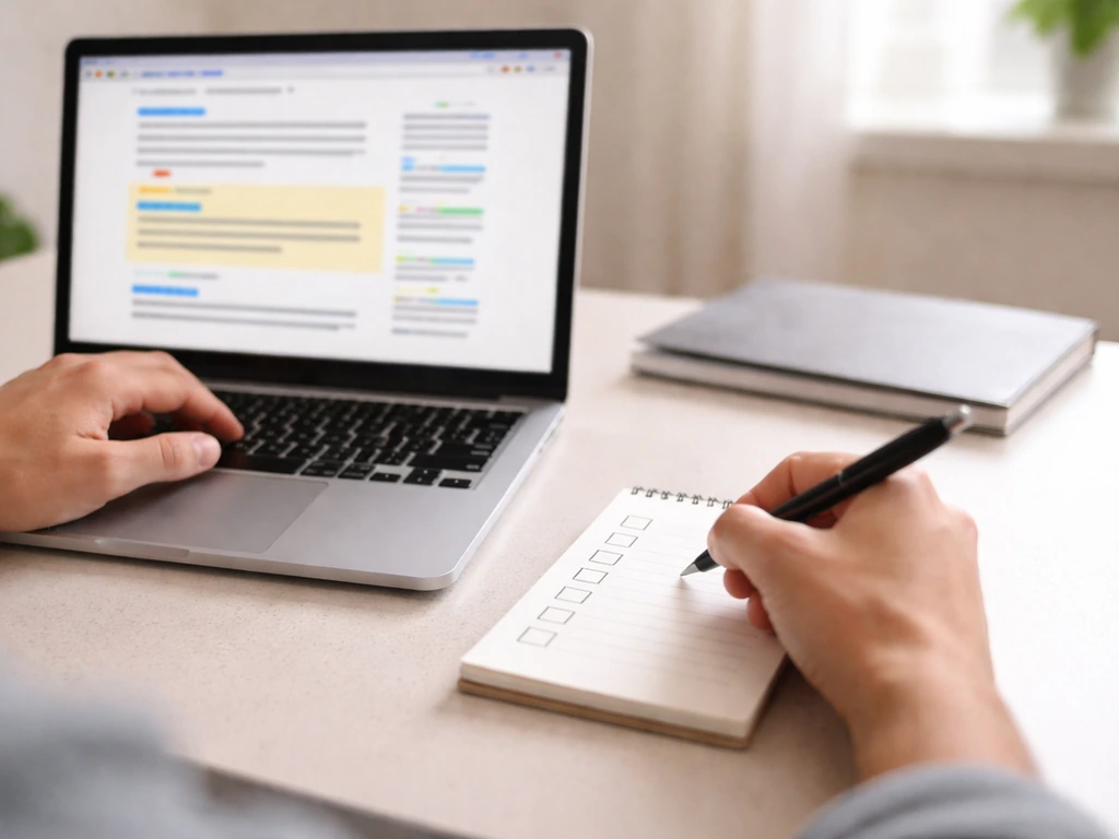 Person using laptop to research and compare different financial sources, with a simple checklist and pen