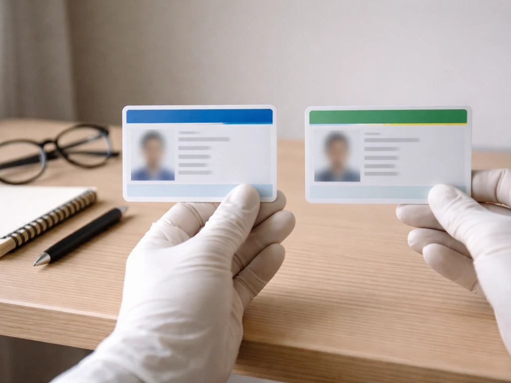 Gloved hand separates two different blank identity cards on a simple desk to prevent name mix-ups.