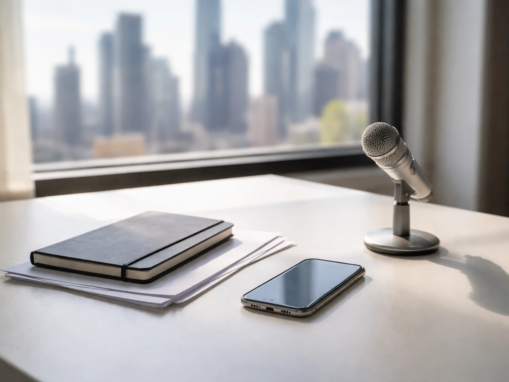 Minimal photo of a quiet office desk with a smartphone, documents, and a blurred city skyline suggesting an equity event