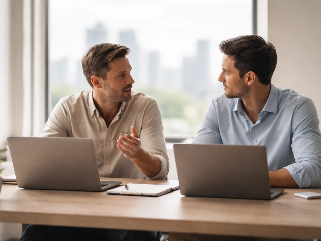 Two anonymous business co-founders in a minimalist office with a laptop and city view, symbolizing Roblox founders.