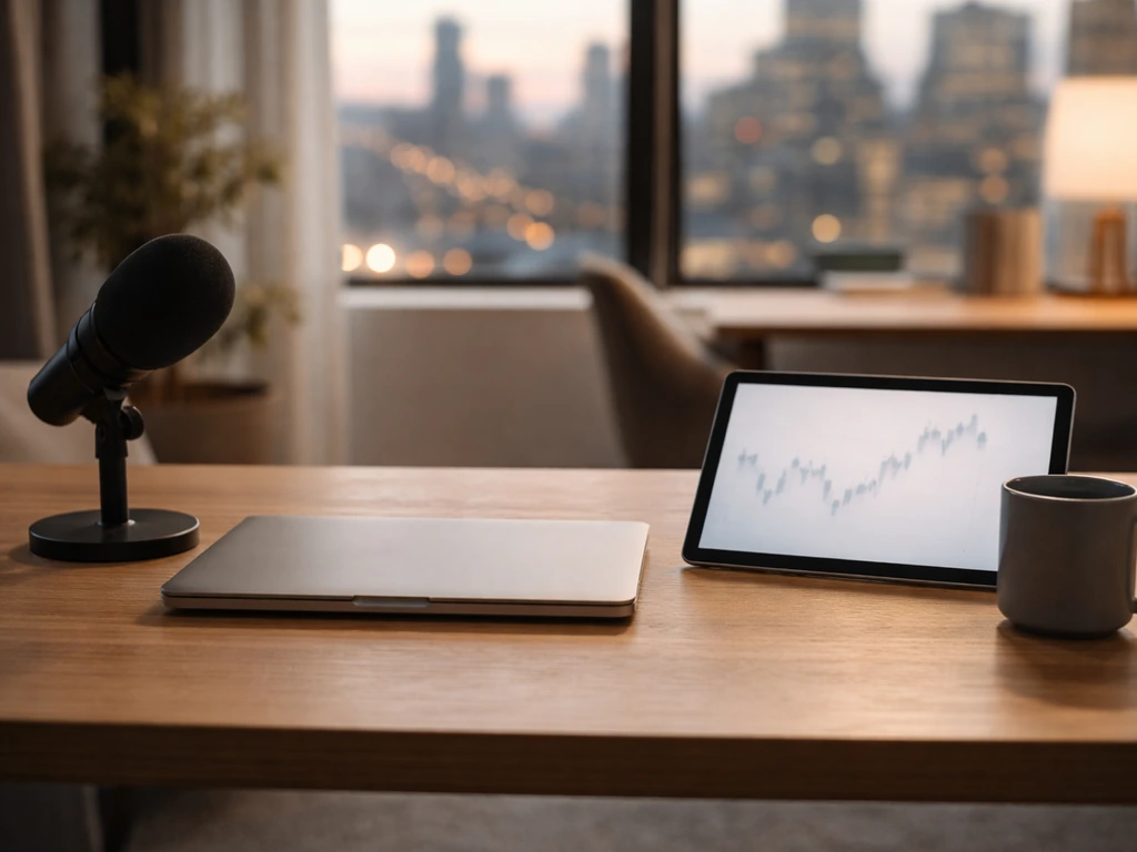 Minimal office finance scene with laptop, blurred stock-like display, microphone, and city view through window.