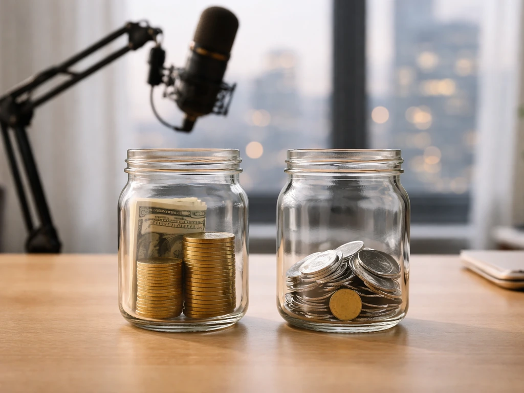 Minimal desk photo with two jars of coins vs mostly reflective tokens, symbolizing wealth vs liquidity.