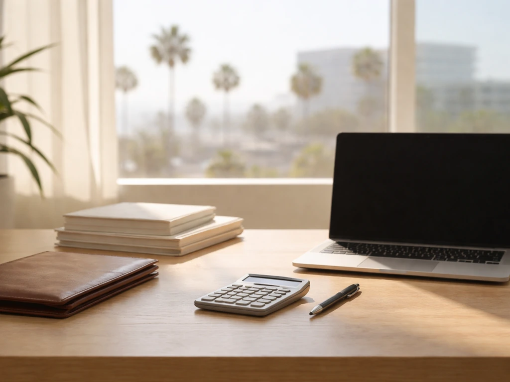 Minimal office scene with CPA-style accounting materials and a laptop in a sunlit Redondo Beach–like workspace