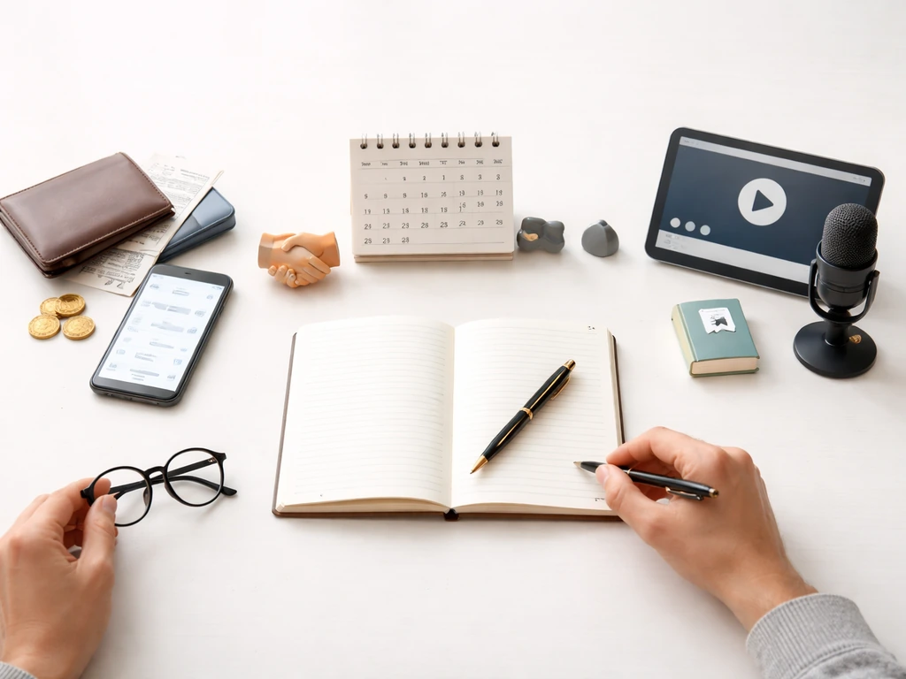 Desk setup with three object clusters suggesting CPA income streams: client payments, coaching, and course revenue.
