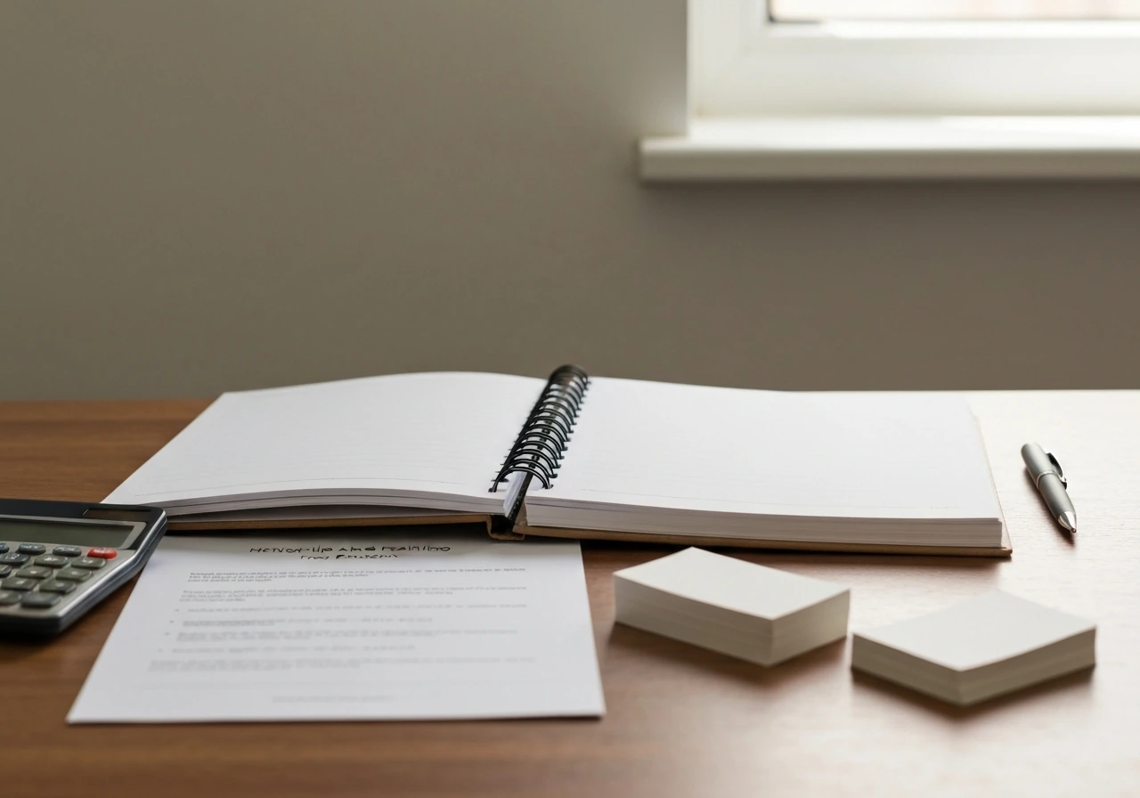 Open workbook, neatly arranged bookkeeping tools and notebook on a desk during a mentorship session