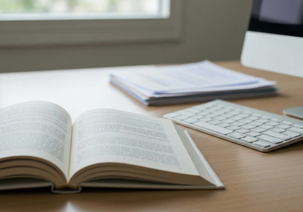 Open book titled “Keyboard Rich” on a desk with a subtle financial-looking keyboard and documents nearby