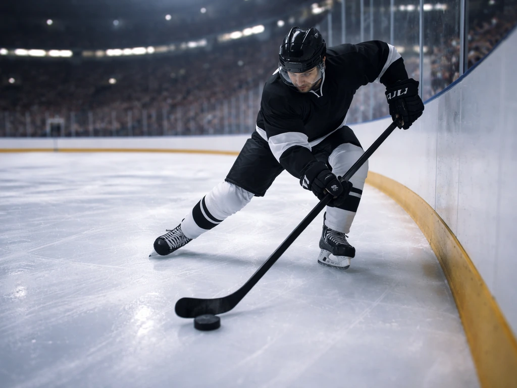 Anonymous hockey player battling for a puck on an NHL ice rink, arena lights and blurred crowd behind.