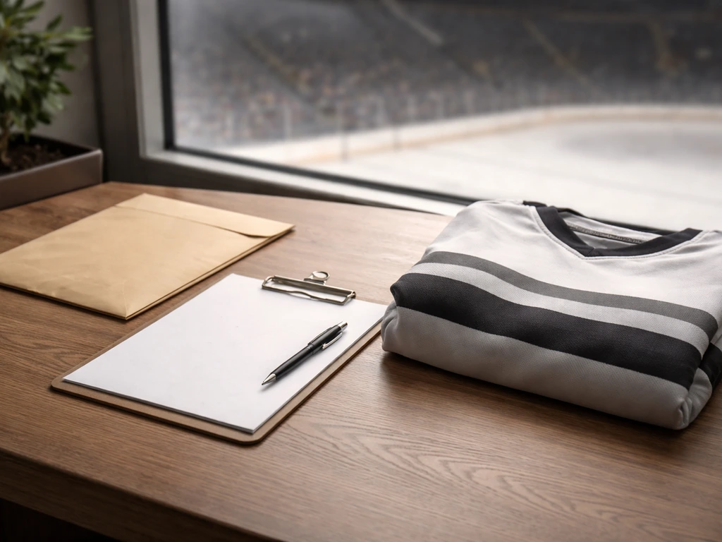 Minimal photo of a hockey-themed contract envelope and a clipboard beside a team jersey in soft daylight.