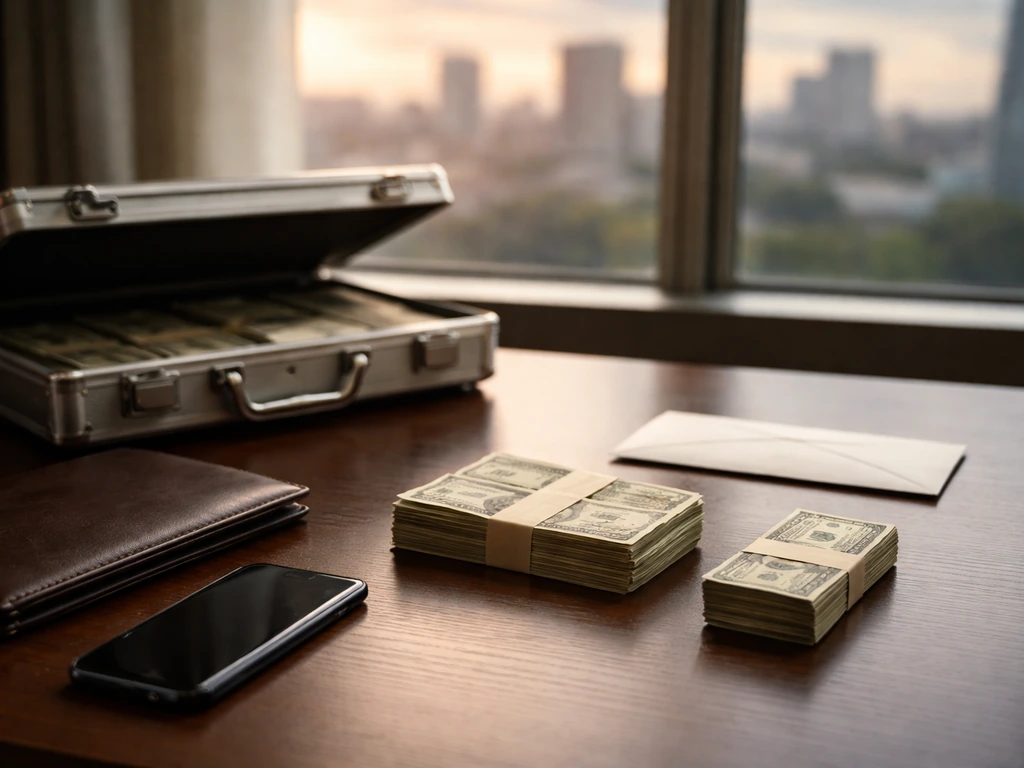Anonymous desk with briefcase and cash piles, symbolizing taxes, fees, and career lifecycle costs.