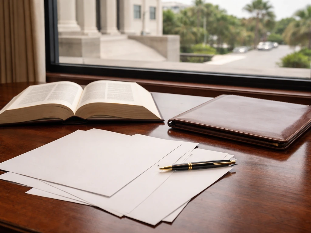 Minimal office scene with a legal brief, pen, and blurred courthouse backdrop suggesting a Florida attorney career
