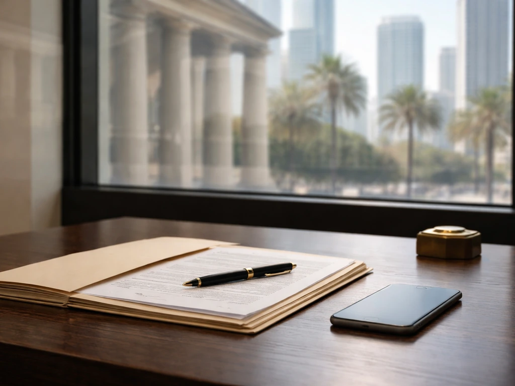 Minimal desk scene with legal documents and a blurred city view suggesting an attorney’s income timeline