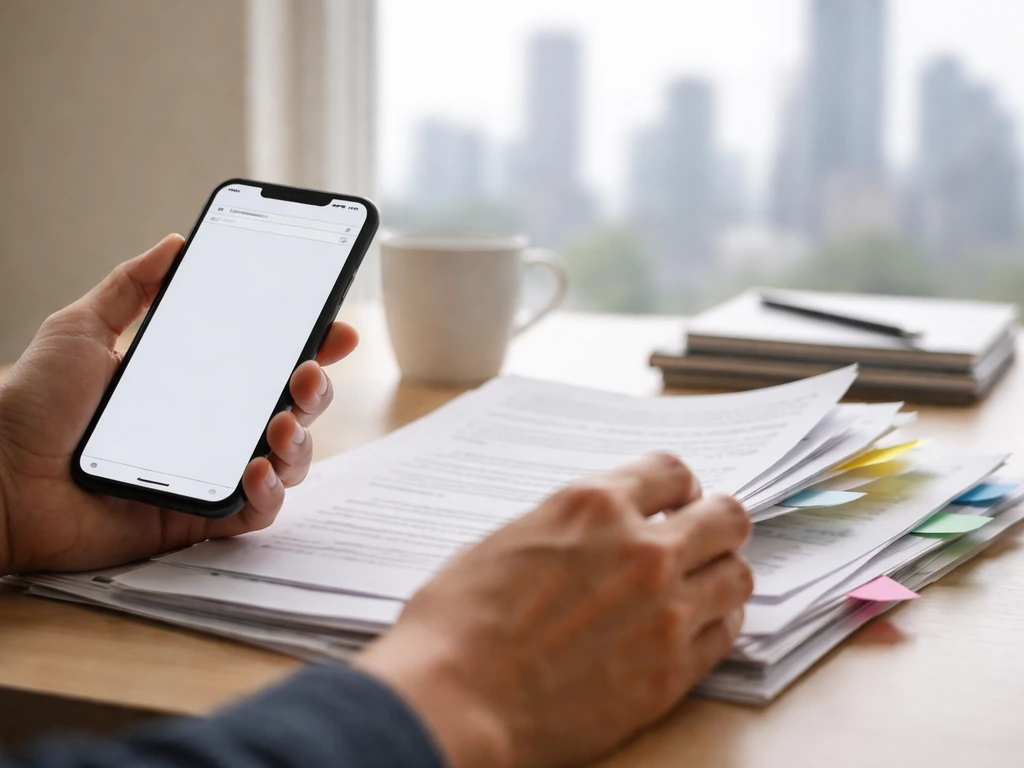 Hands on a desk reviewing documents with a phone, symbolizing fact-checking public records.