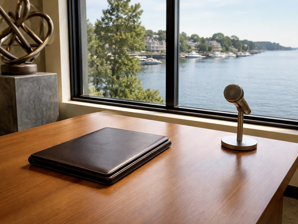 Minimal luxury office desk with leather portfolio and microphone near window with calm city waterfront view.